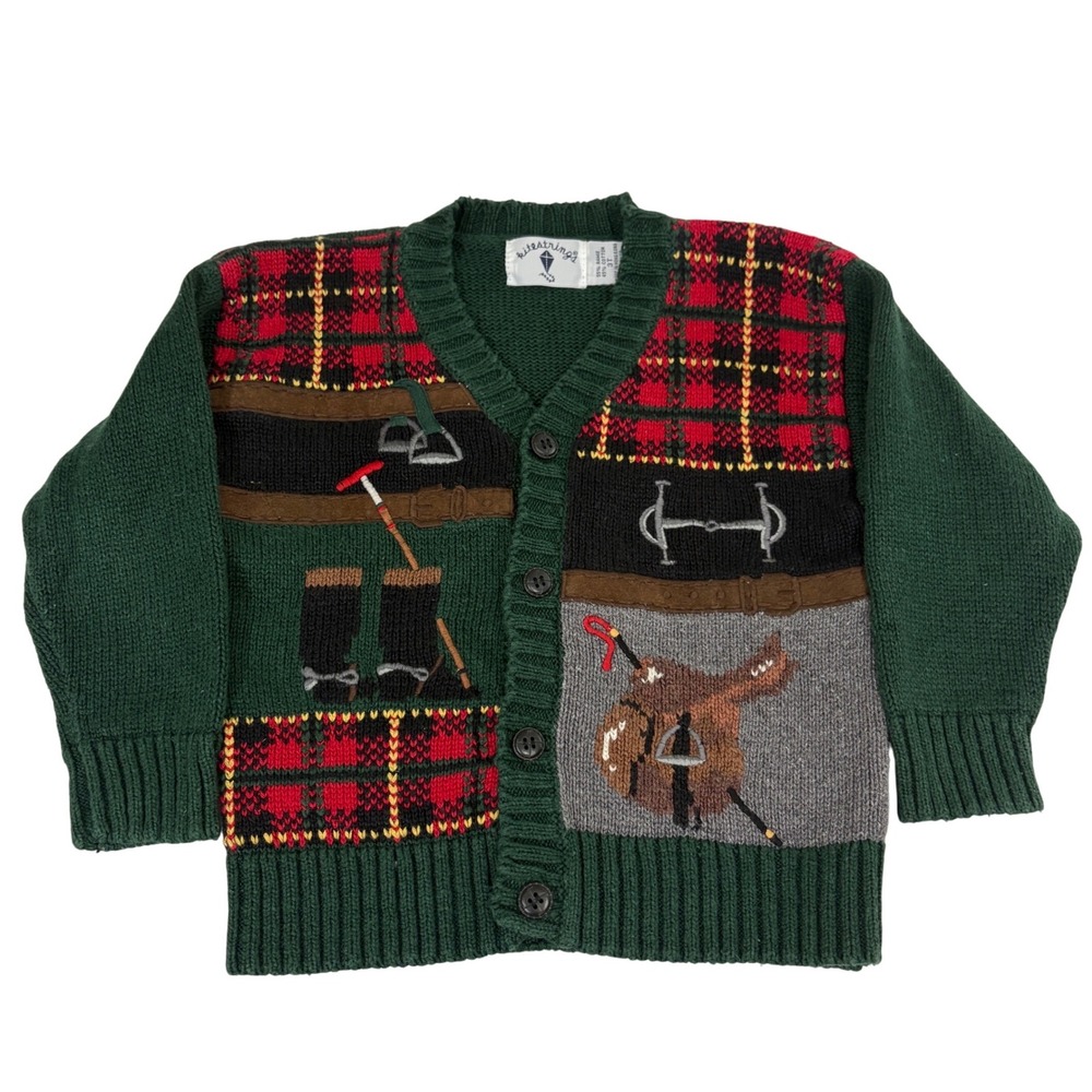 Kitestrings Green‎ Plaid Horse Equestrian Riding Knit Sweater Toddler 3T